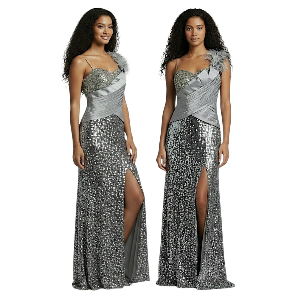 Alyce Designs Gown 10 Silver Gold Sequin Feather One Shoulder Slit Formal Dress